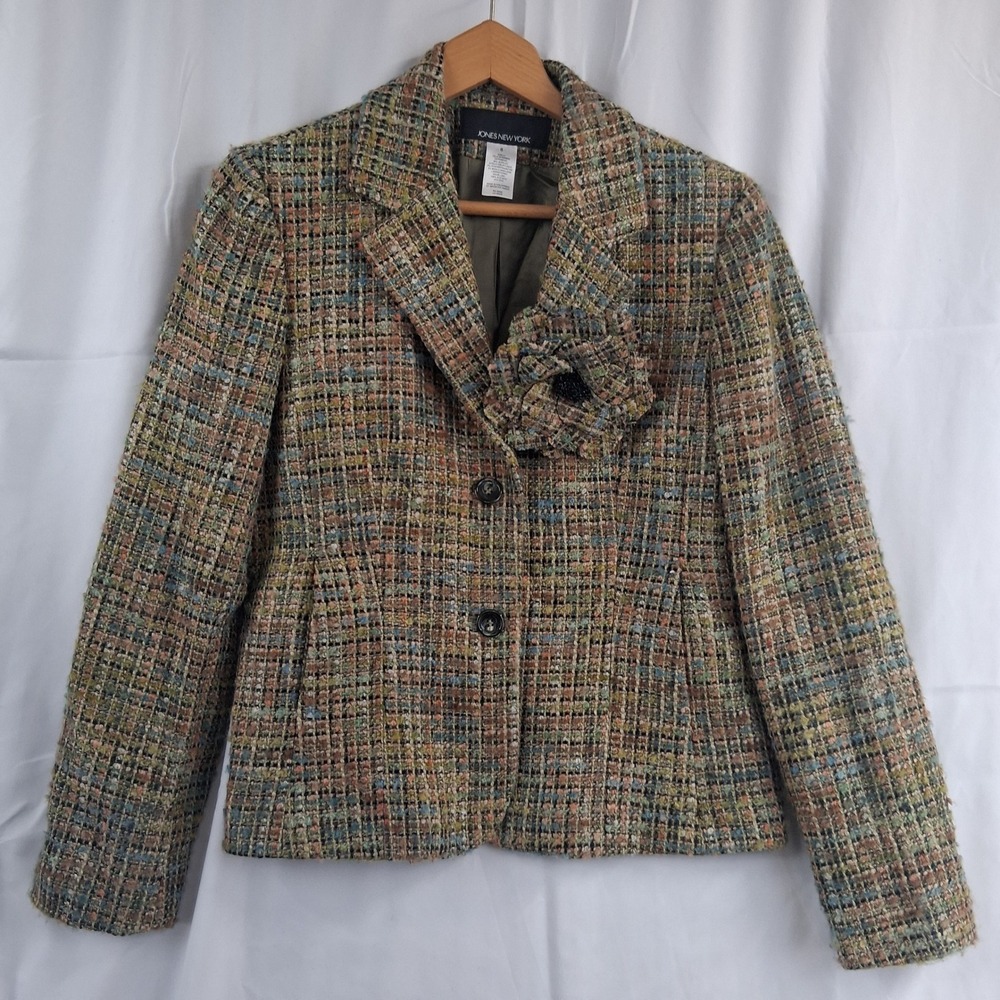 Jones New York‎ Tweed Jacket Multi Color Floral Accent Button Front Women 8